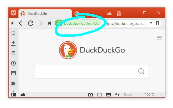 Vivaldi showing the DuckDuckGo EV Certificate
