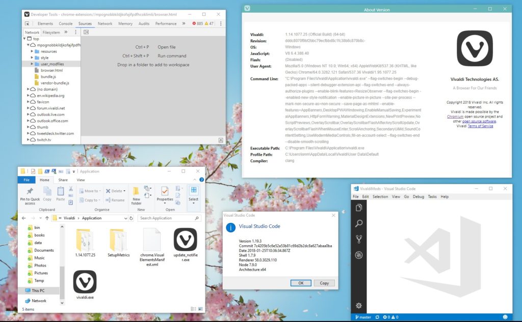 Some of the tools I use when modding - Vivaldi, VS Code, the Inspector...