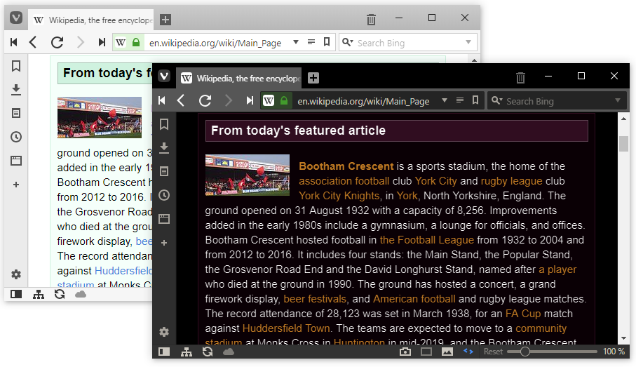 Dark vs Light modes in Vivaldi & Wikipedia