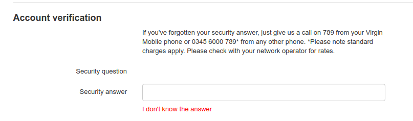 Screenshot of security question form without a security question