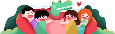 A cartoon crab with the head of an alligator hugging smiling students