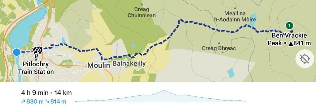 Map of the route from Pitlochry to Ben Vrackie. 4 hours 9 minutes. 14 KM. 830m height difference.