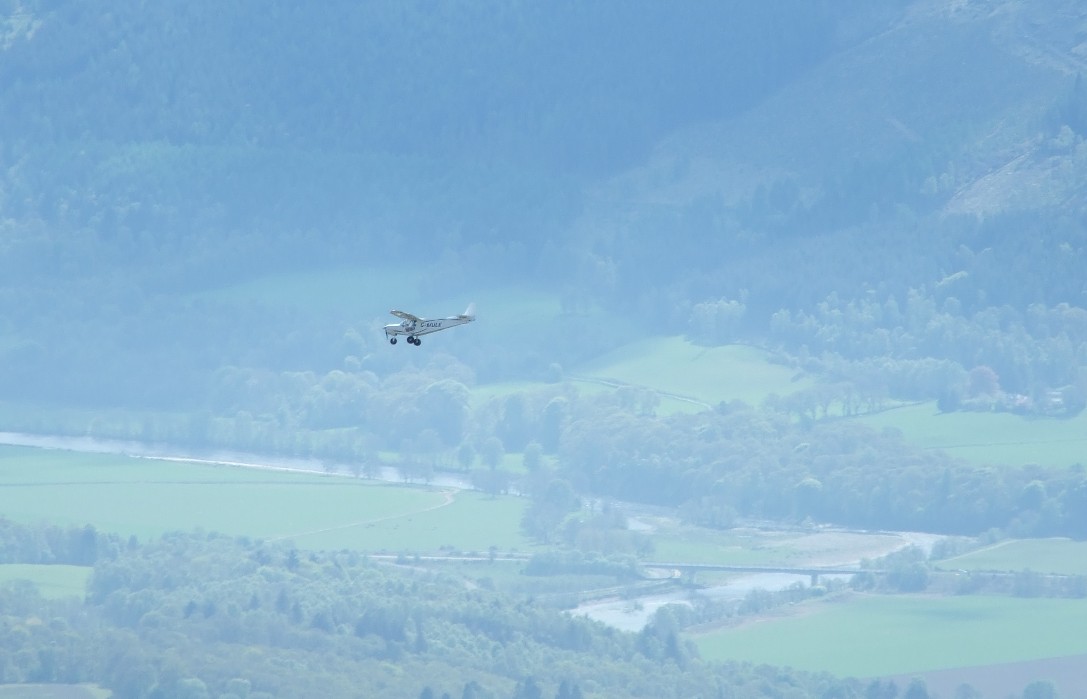 The topside of a small white plane, flying below