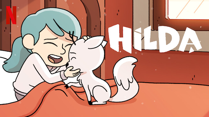 Hilda promotional image. A blue haired girl sits up in bed petting a small white deer fox.