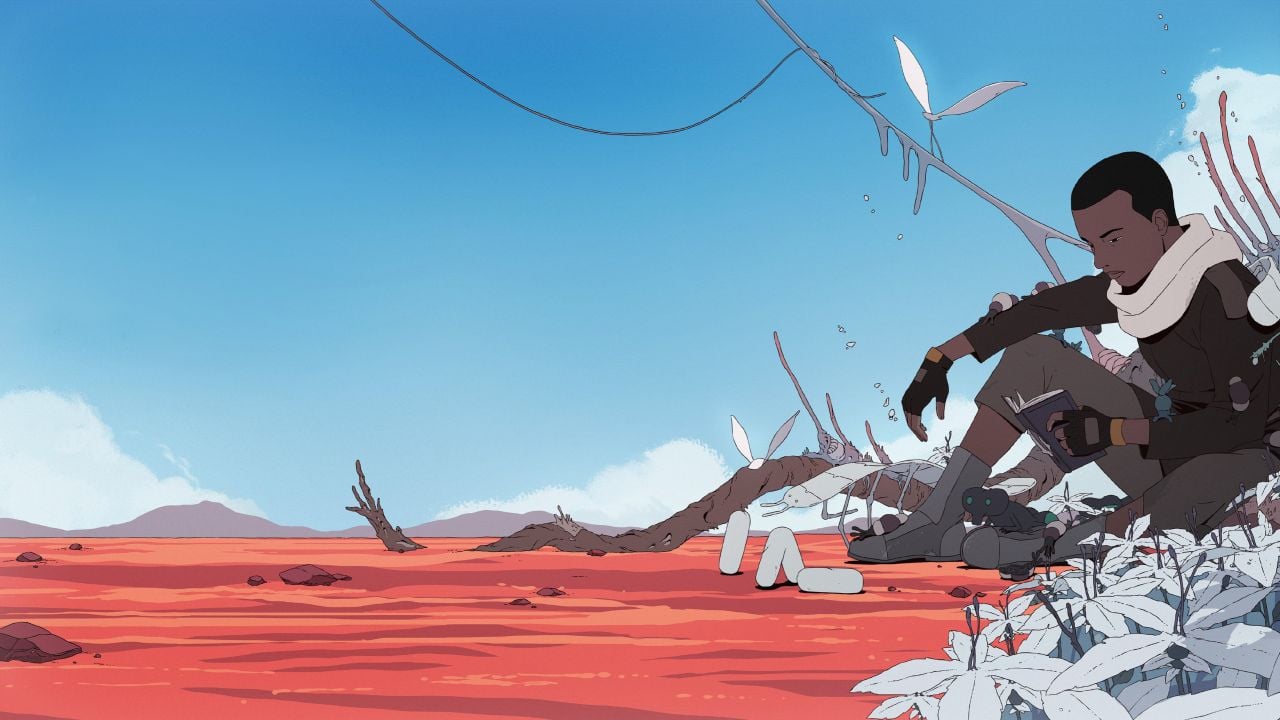 a black woman wearing utilitarian clothing sits on red ground in a bare landscape reading a book. She is surrounded by small white creatures and flowers.