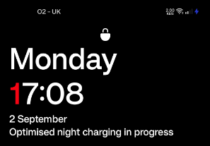 Phone lock screen. It is charging. Time reads 17:08. A notification reads optimised night charging in progress.