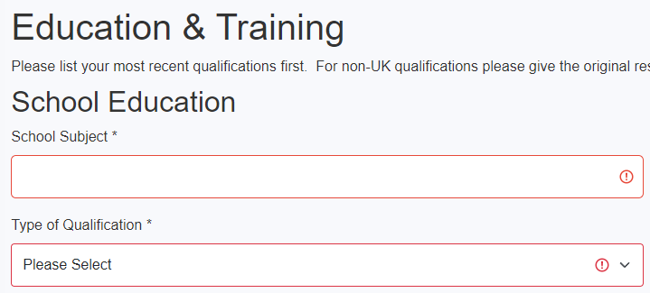 screenshot of an employment application form asking for education and training, specifically the subject studied in school, and the grade. the form indicates it is mandatory