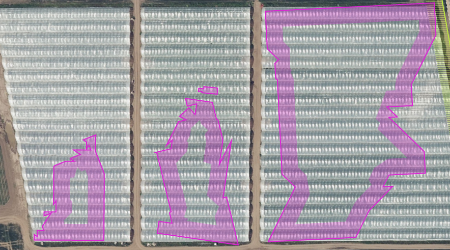 aerial imagery of greenhouses in a field, the suggested boundaries are erratic disjointed poloygons that don't match anything